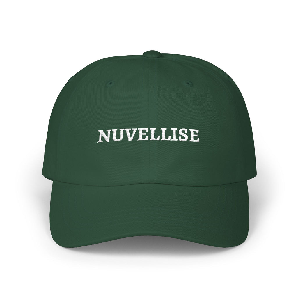 Dark green NUVELLISE Signature Cap with white lettering – front view