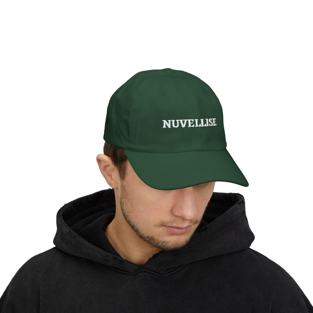 Dark green NUVELLISE Signature Cap on a model
