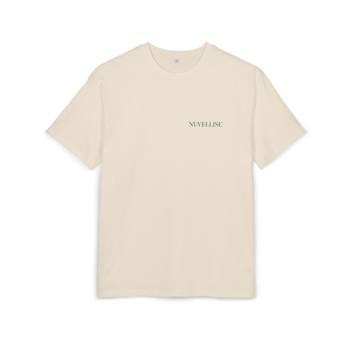T-shirt oversize NUVELLISE Signature sabbia con scritta verde bosco sul petto e retro senza stampa