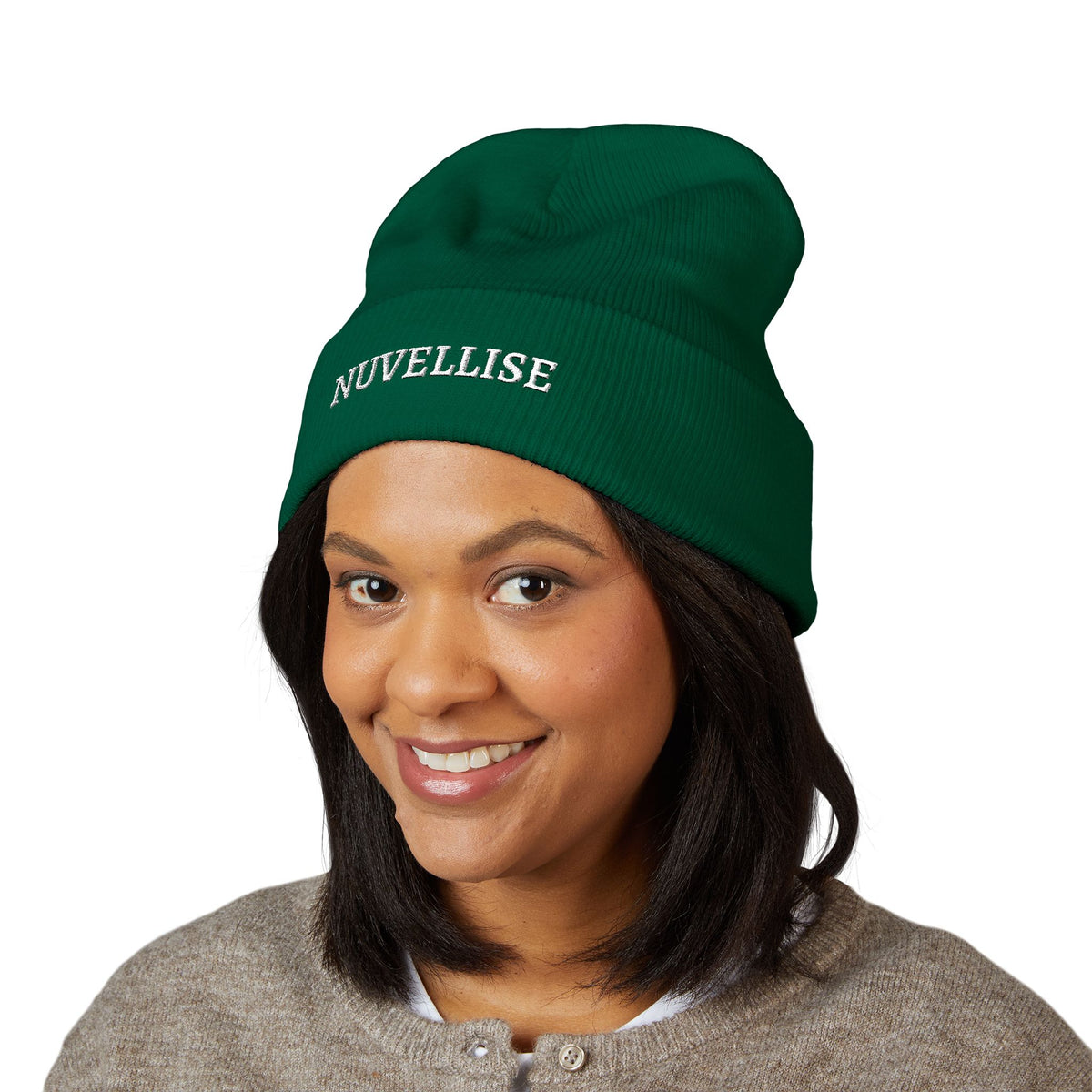 Dark green NUVELLISE Signature Beanie with cuff and white NUVELLISE embroidery
