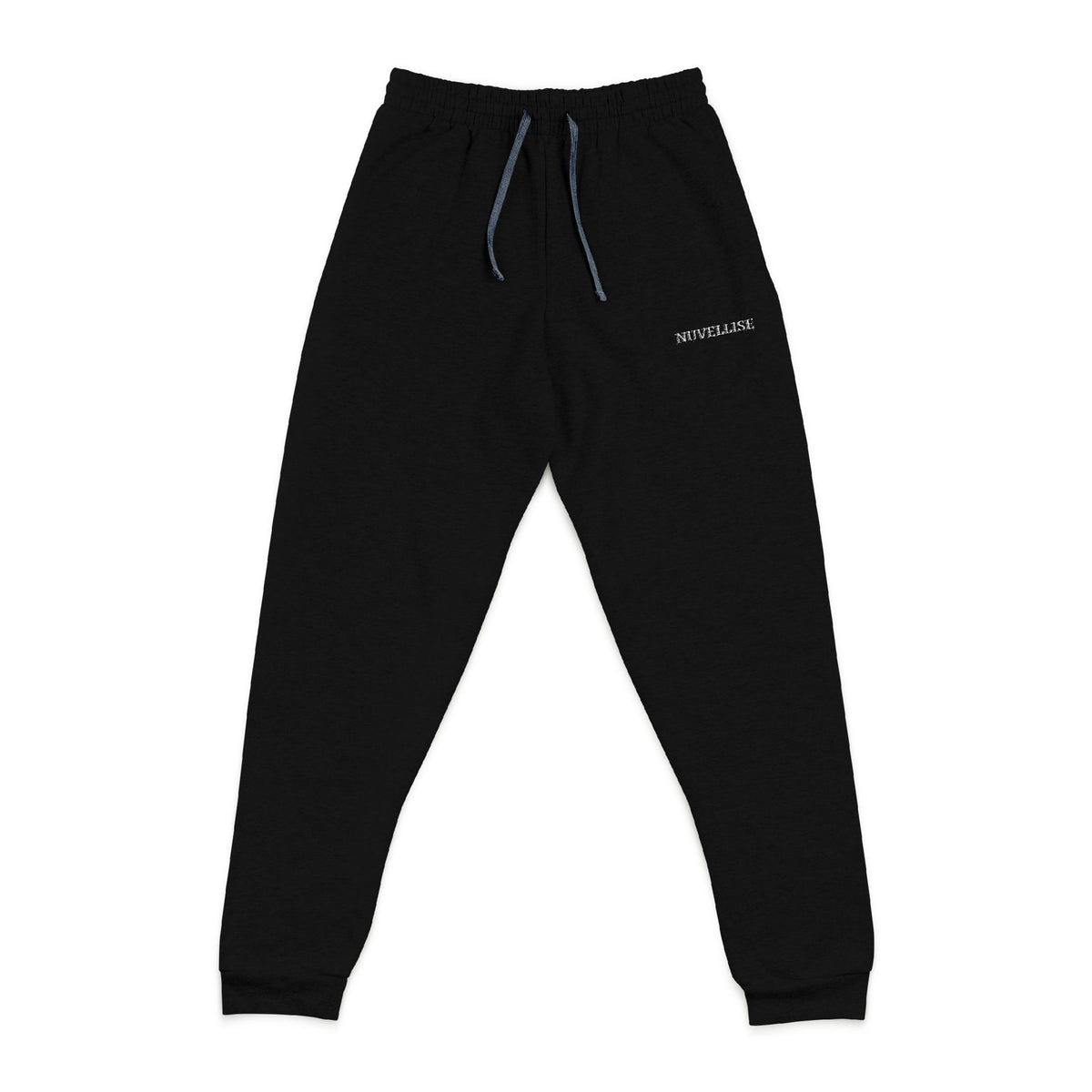 Schwarze NUVELLISE Signature Joggers mit weissem Schriftzug als Stickerei – Vorderansicht
