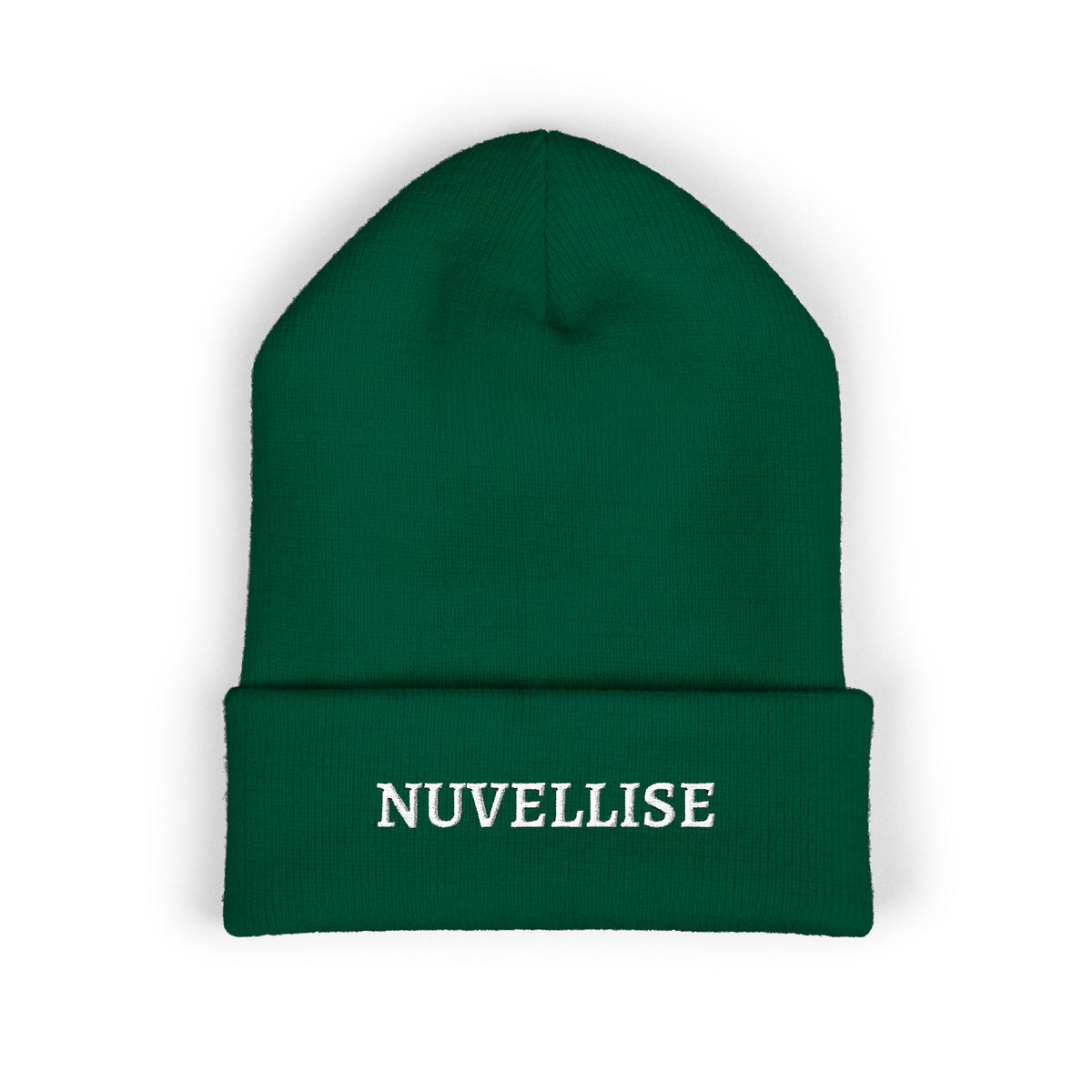 Dark green NUVELLISE Signature Beanie with cuff and white NUVELLISE embroidery